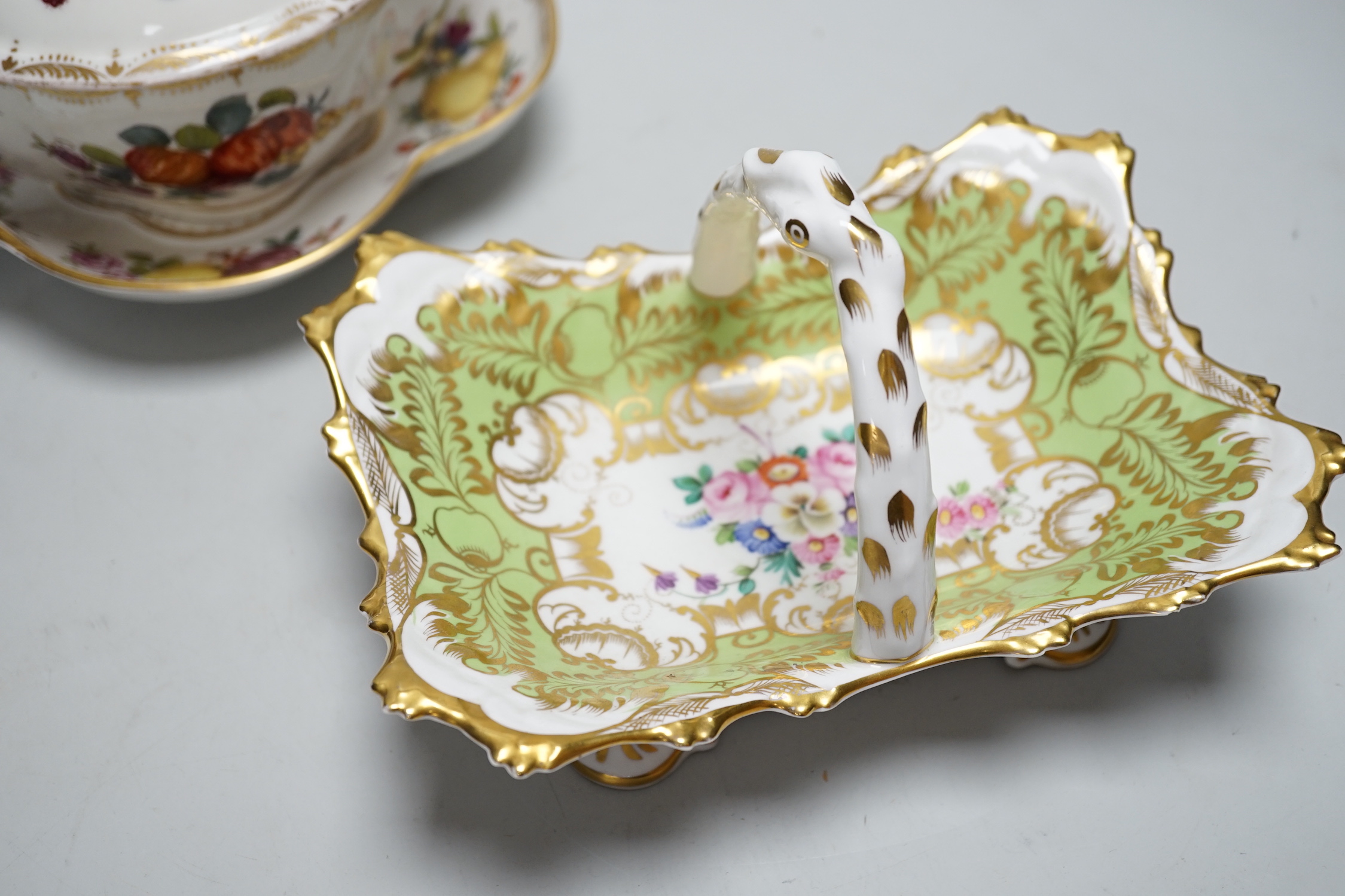 A Helena Wolfsohn Dresden tureen, cover and stand together with a floral porcelain basket (2), largest 21cm wide